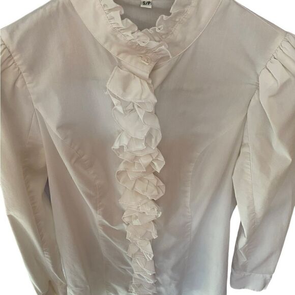 EUC Dalia Collection Long White Blouse with Ruffles - Picture 4 of 11